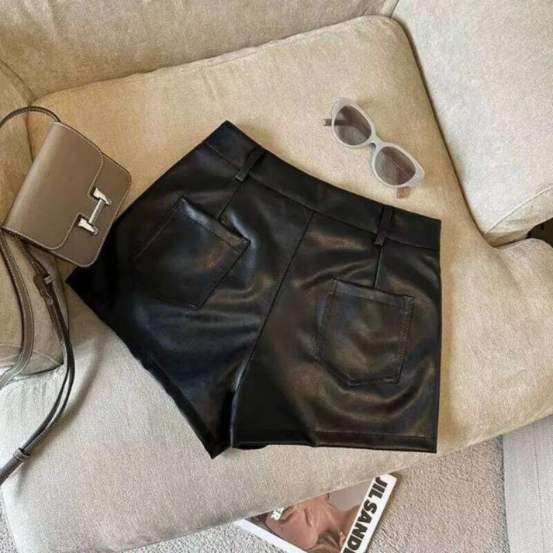 Sexy Leopard Print PU Women Black High Waist Leather Shorts with Belt XJ260305