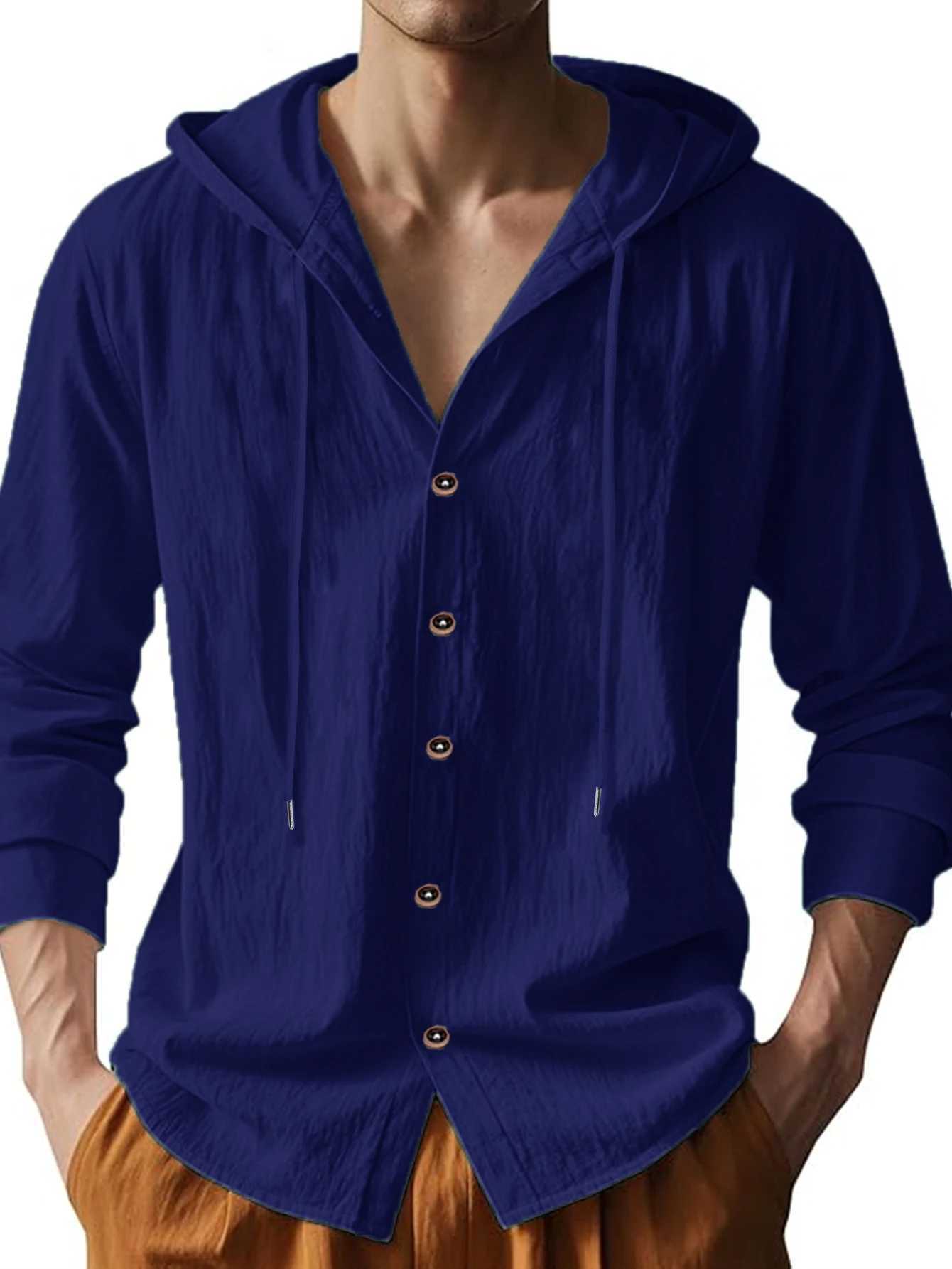 Mens Cotton Linen Long Sleeve Shirt Breathable Summer Spring Casual Button Up Lightweight Hawaiian Beach Top Hoodie T-Shirt New M260305