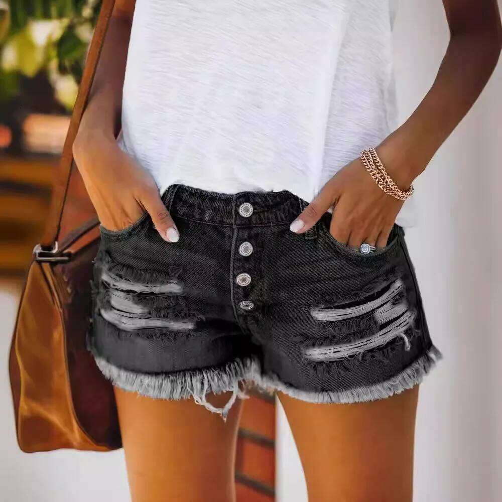 2024 Summer New Denim Shorts Women Fashion Trendy Hole Tassel Solid Color Single-breasted Short Female Hot Pants Streetwear XJ260305