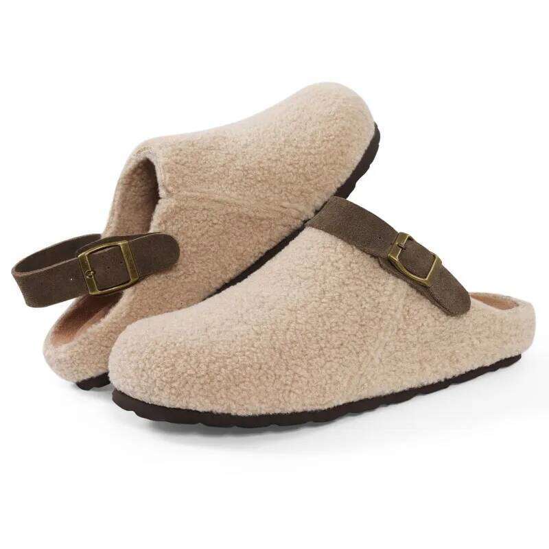 Kidmi New Winter Furry Womens Adjustable Buckle Slip On Cork Insole Slides Fluffy Comfy Slippers With Arch Support