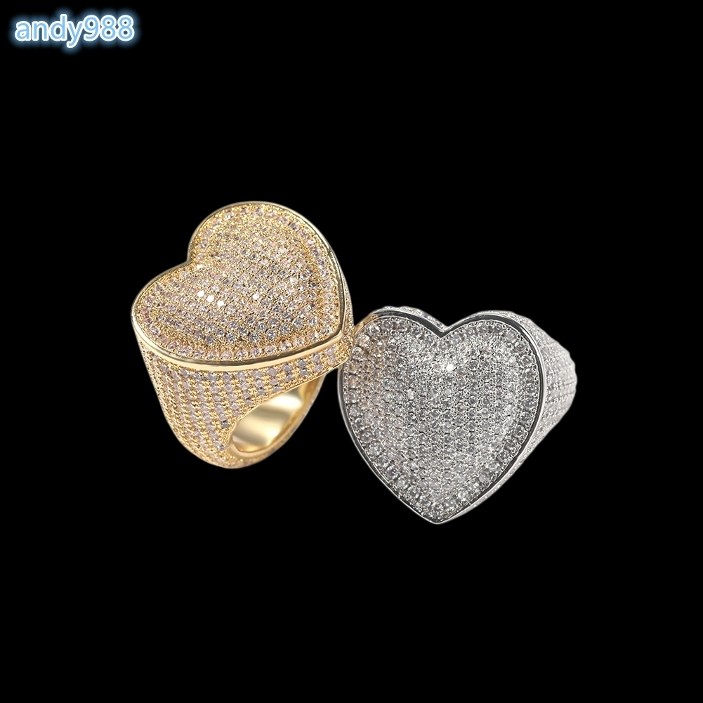 Street Fashion Hip Hop Ring Copper Inlaid with 3A MoissaniteVVS Big Love Heart Finger Ring Internet Celebrity Trendy Accessories