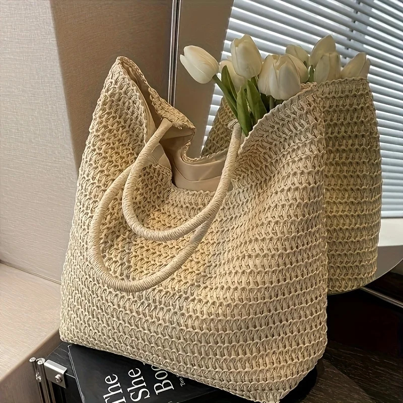 Chic Large Capacity Paper Woven Straw Tote Handbag for Women Summer Woven Beach Shoulder Bag with Zip Closure 260303