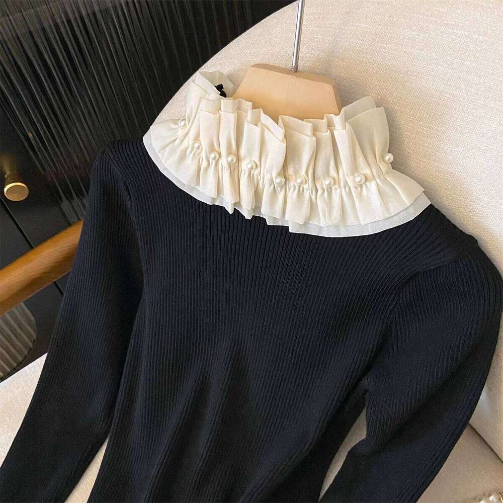 French Style Vintage Women Elasitc Stand-up Collar Long Sleeve Knitted Pullover Beading Ruffles Patchwork Sweaters Tops 2026 XJ260305