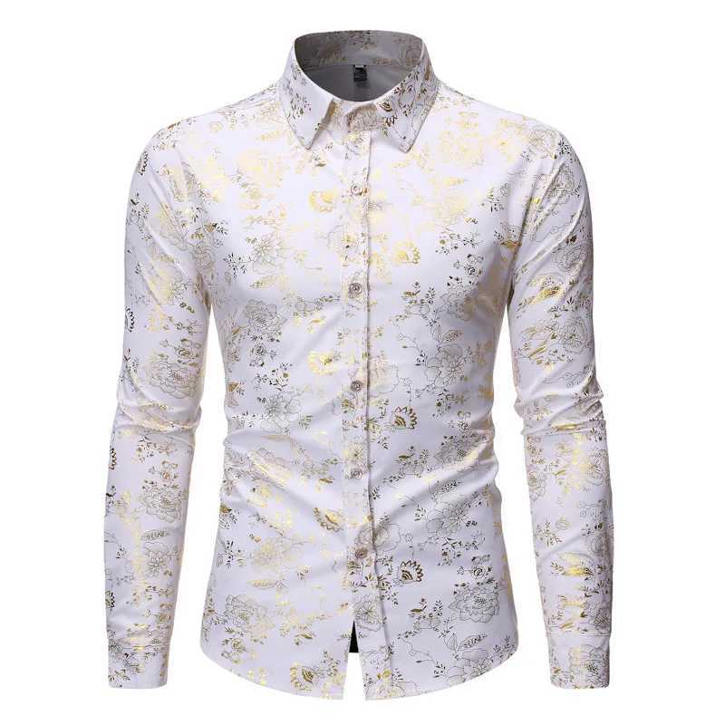 New Men Gold Stamp Printed Loose Shirt Black / White / Wine Red Fashion Male Business Social Casual Lapel Tops M260305