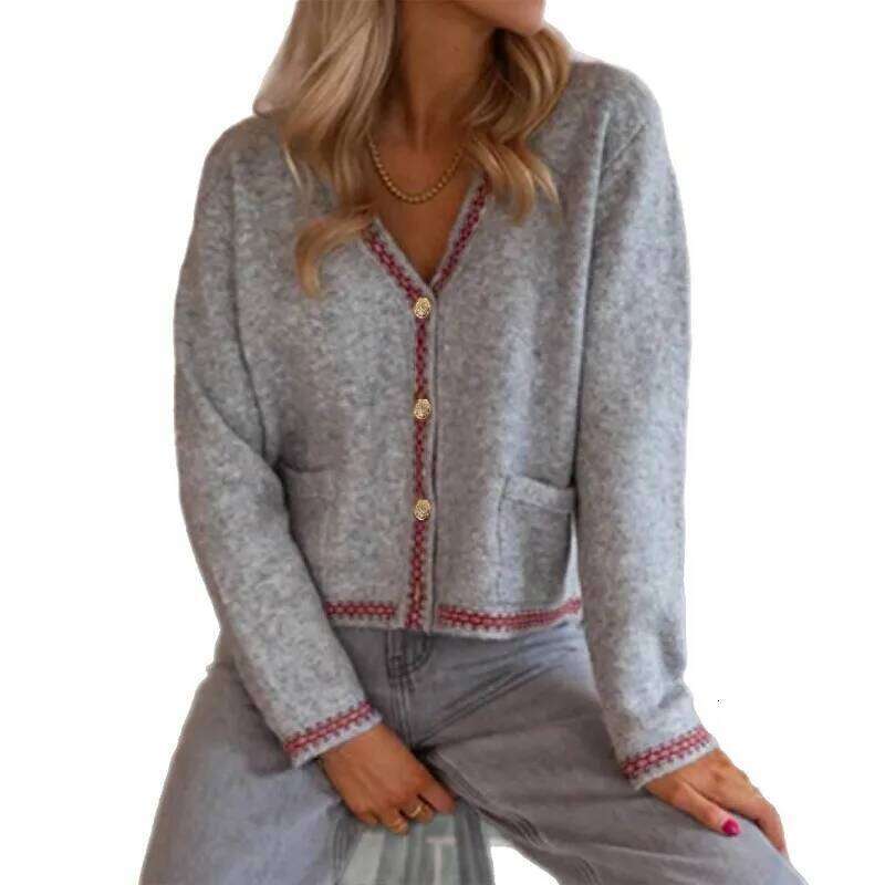 2025 New Elegant Contrasting Color Trim Front-breasted Pocket Knitted Sweater Cardigan for Women XJ260305