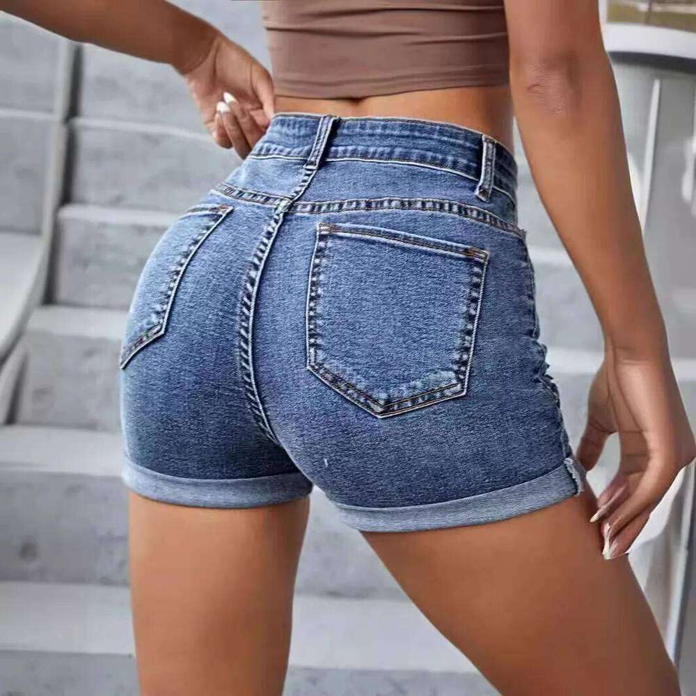 Washed High-waisted Denim Shorts with Holes. New Summer Fashion and Temperament Commuter Rolled Edge Short Jeans for Ladies XJ260305