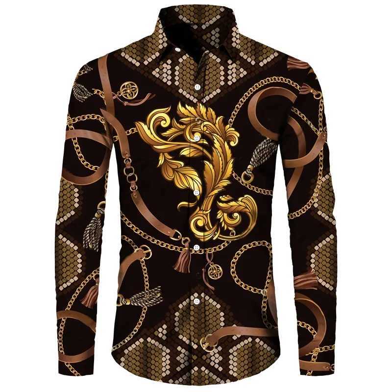 New 2024 Golden Flower Chain 3D Print Men Long Sleeve Shirt Casual Mens Designer Clothing Streetwear Lapel Button Shirts M260305