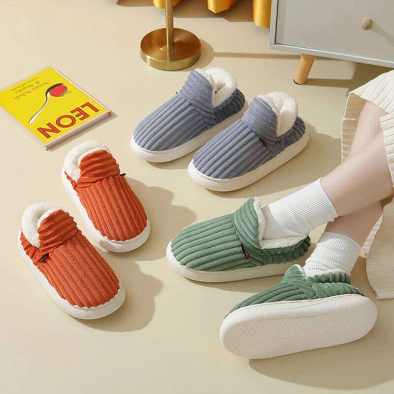 Kidmi Women's Corduroy Soft Plush Slippers Warm Anti-slip Popular House Cotton Shoes for Men and Women