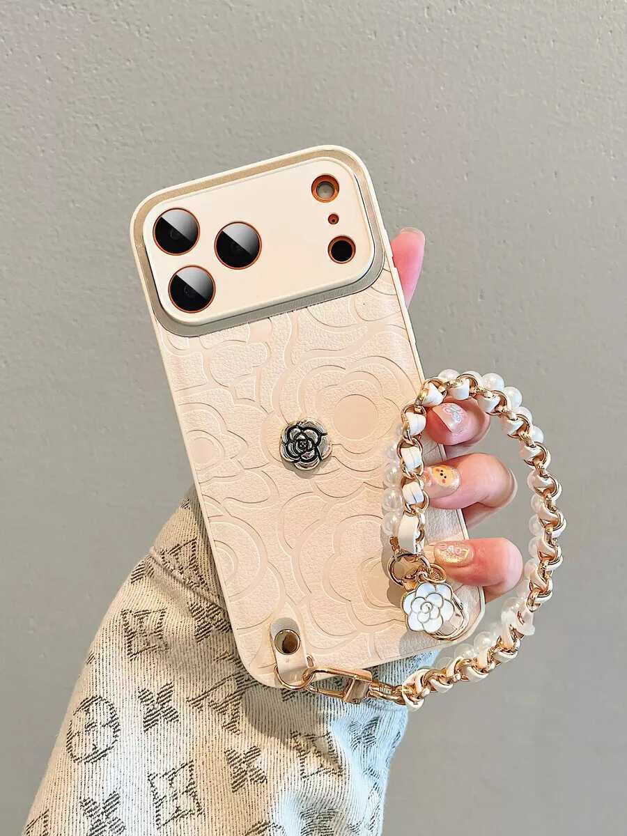 Luxury Camellia Embossed Phone Case with Pearl Chain & Lens Protector For iPhone 17 Pro Max 16 15 14 13 12 Air | Premium Leather CoverT260305