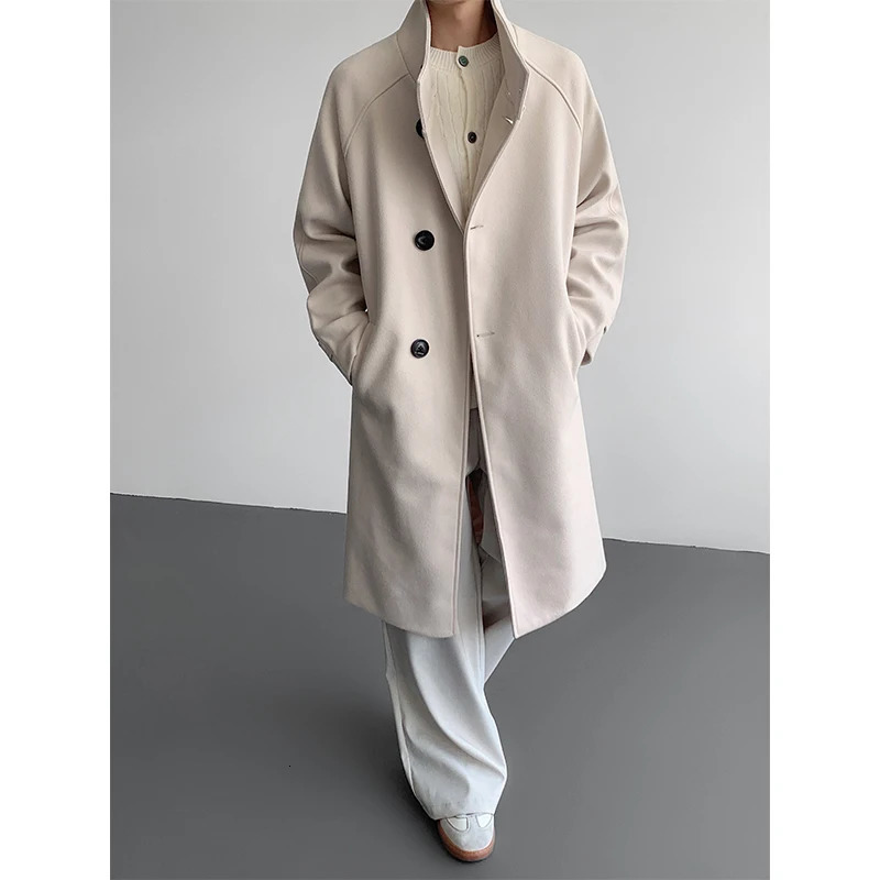 Autumn Winter Mens Wool Trench Coat Mid Length Stand Collar Solid Color Windproof Warm Two Button Outerwear 260302