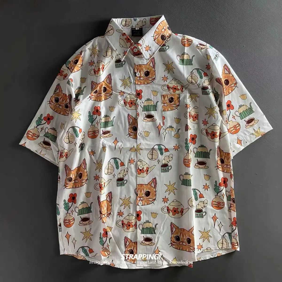 Boho Graffiti Cartoon Cat Full Print Ins Retro Short-sleeved Flower Lining Men and Women Hawaii Japanese Thai Beach Shirts 2024 M260305