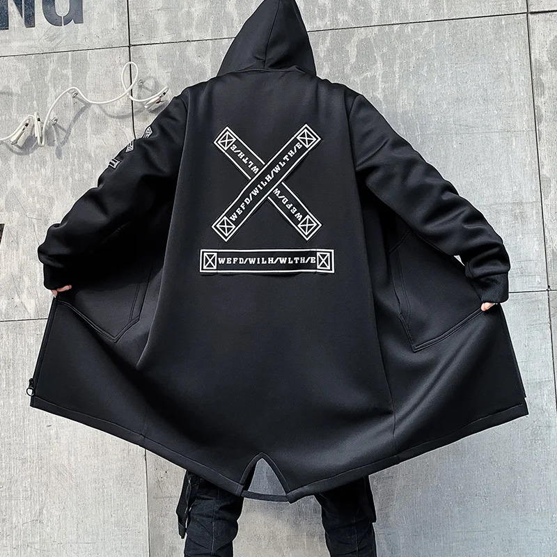 2026 Fashion Printed Mens Trench Coat Streetwear Hooded Harajuku Windbreaker Slim Fit Ribbons Outwear 260302