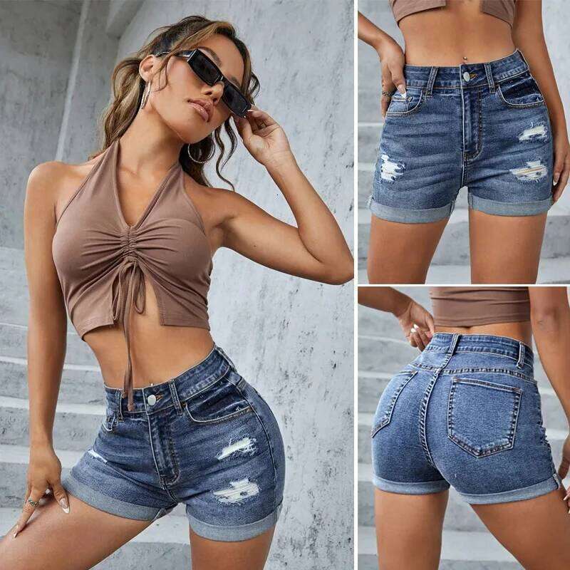 Washed High-waisted Denim Shorts with Holes. New Summer Fashion and Temperament Commuter Rolled Edge Short Jeans for Ladies XJ260305