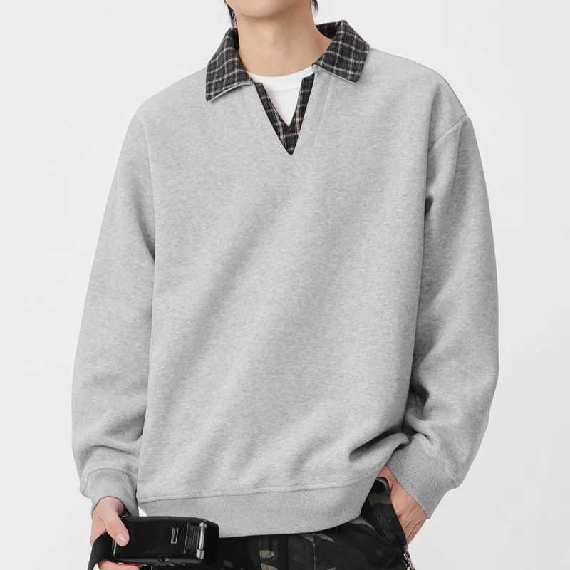 Retro Plaid Neck Sweatshirt for Men and Women Heavyweight Cotton Soft Fake Two-Piece V-Neck Long SLeeve M260305