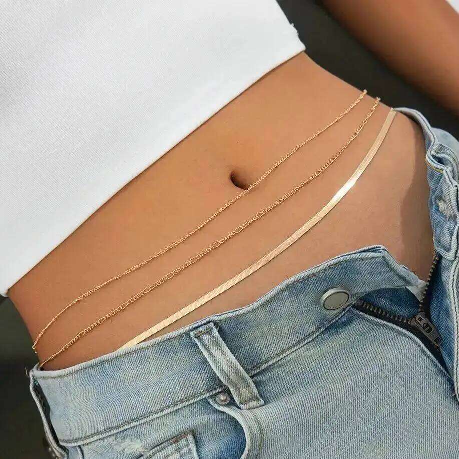 KunJoe 3 Pcs/Set Hip Hop Multi Layer Flat Snake Belly Waist Chain for Women Sexy Summer Beach Bikini Body Jewelry Y2K S260304