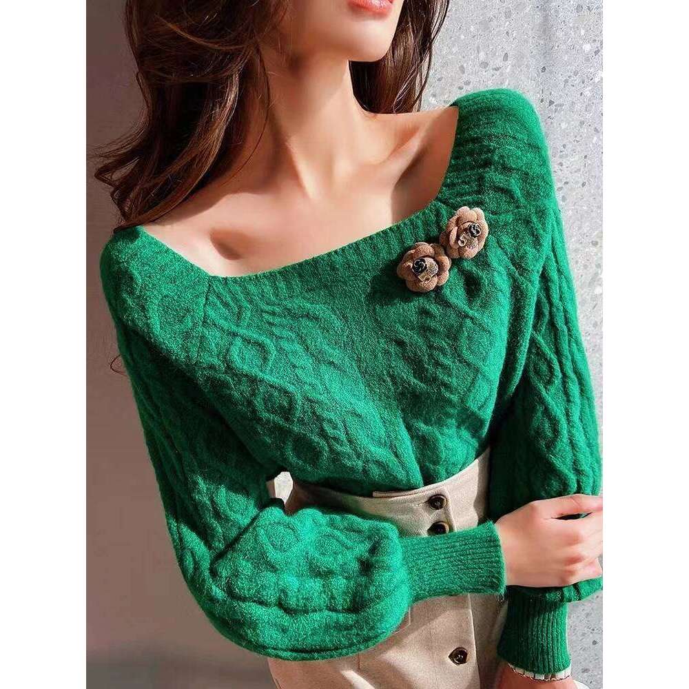 Elegant Square Neck Women's Retro Thickened Fried Dough Twists Sweater Autumn and Winter New Korean Style Loose Knit Top XJ260305