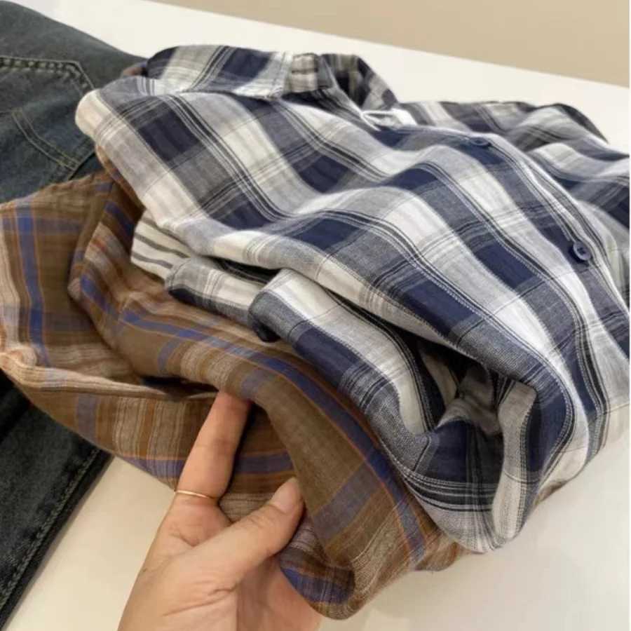 Casual Retro Plaid Long Sleeved Shirt French Lazy Style Autumn Loose Versatile Cardigan Fashionable Lapel Single Breasted Blouse M260305