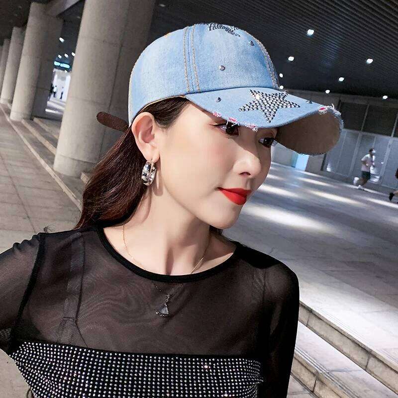 Cap Spring Summer Cowboy Rhinestone star Denim Baseball Hat Women Korean Vintage New Sunshade Y260304