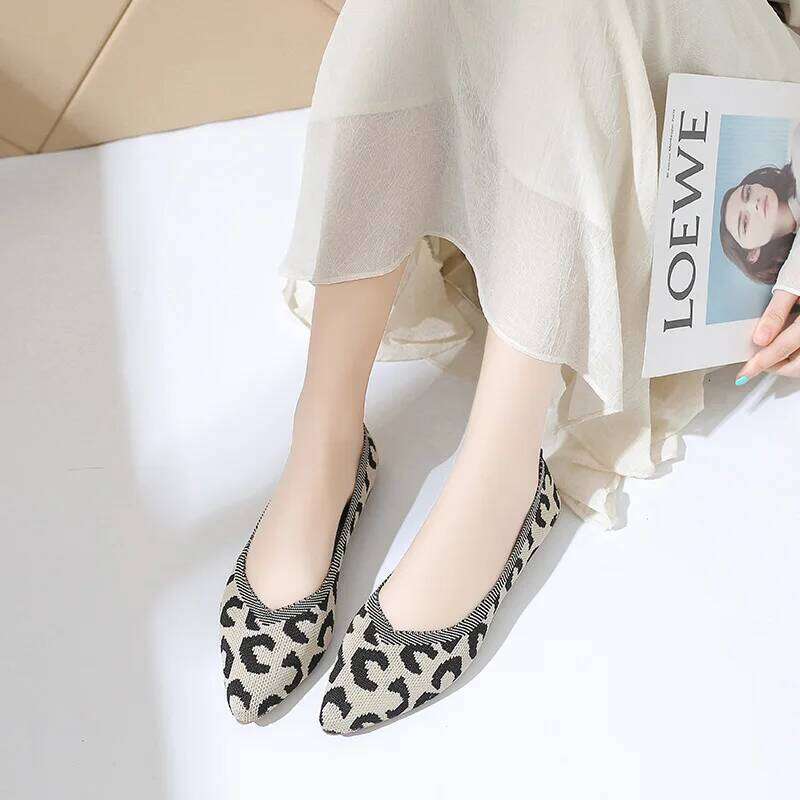 Elegant Leopard Knitted Ballet Flats Woman Pointed Toe Mesh Moccasins Ladies Fashion Walking Loafers Slip-on Soft Driving Shoes