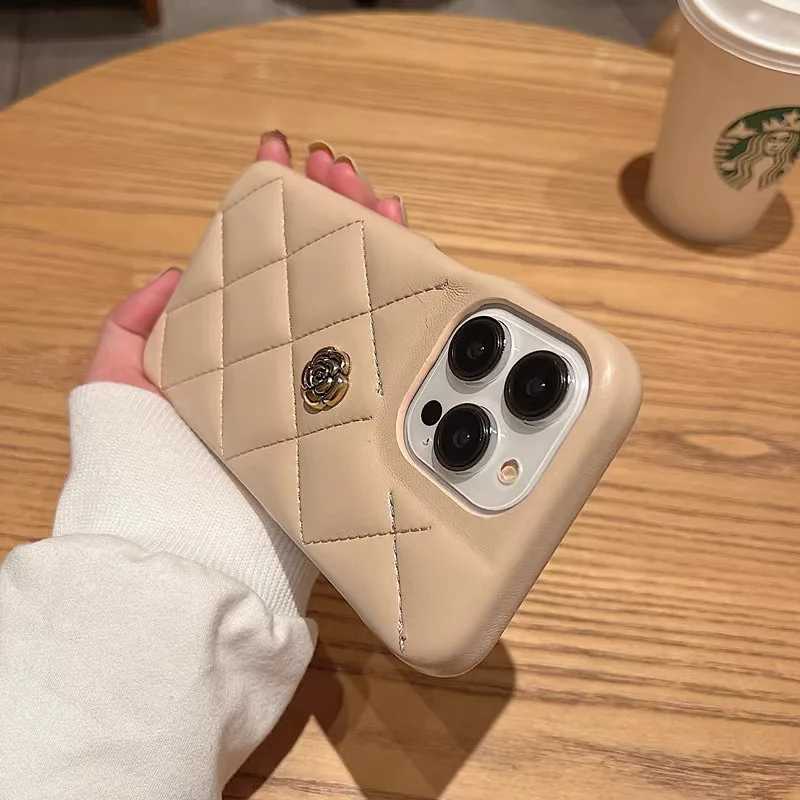 Luxury Quilted Leather Phone Case with 3D Metal Camellia For iPhone 17 16 15 14 13 Pro Max Plus | Premium Protective CoverT260305