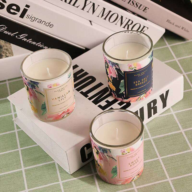 Glass Cup Rose/vanilla/jasmine Home Bedroom Living Room Bathroom Air Fresh Plant Wax Smokeless Scented Candle W260304 W260305