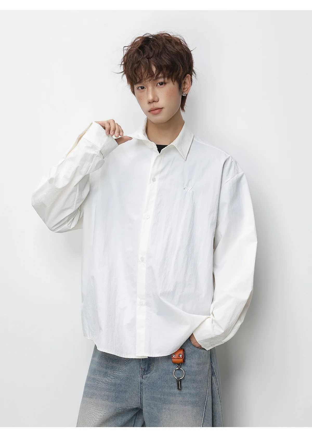 Pleated Long-Sleeved Shirt for Men Solid-Coloured Loose-Fit Shirt Jacket Soft and Versatile Outerwear Shirt M260305