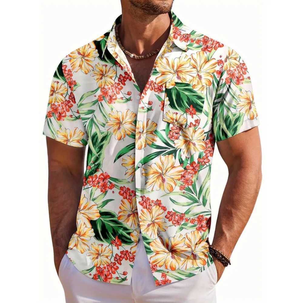 Mens Short Sleeve Shirt Hawaiian Botanical Flower Print Lapel Seaside Button-Down Shirt Top Casual Fashionable Shirts a65 M260305