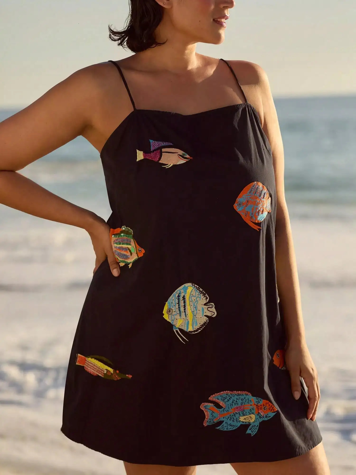 Women Y2K Boho Mini Cami Dress Spaghetti Strap Fish Printed Flowy Sling Dress Graphic Backless A Line Summer Holiday Sundress 260304