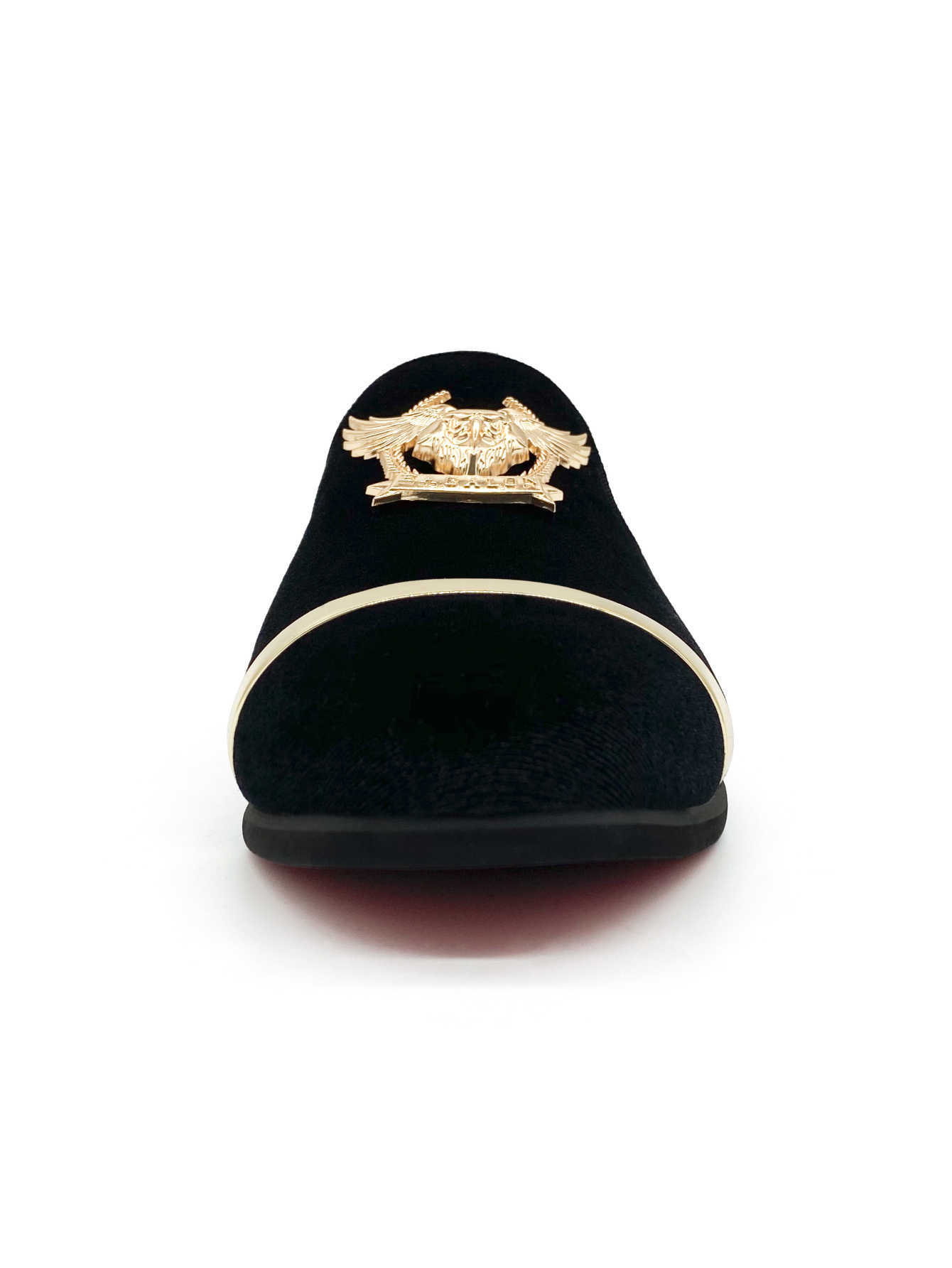 Men's Luxury Black Velvet Loafers Gold Metal Band Eagle Emblem Dress Shoes Fashion Slip-on Smoking Slippers