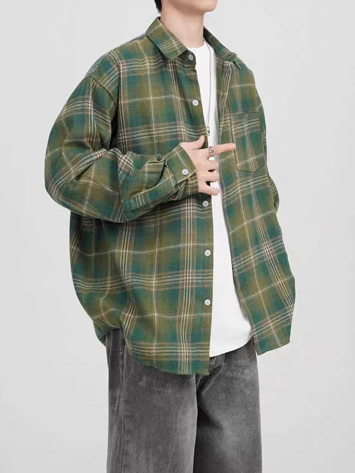 American-style autumn vintage mens shirt new casual spring and autumn plaid trendy versatile long-sleeve shirt M260305