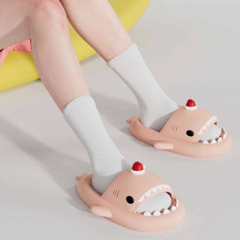 Funny Christmas Party Shark Slippers For Women Men Cute DIY Red Hat House Shoes Soft EVA Thick Sole Couples Indoor Street Slide