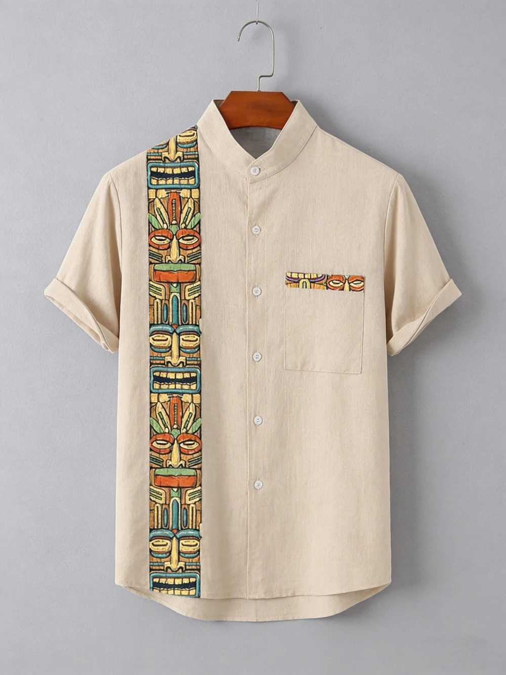 Mens Linen Short Sleeve Lapel Shirt Natural Ethnic Totem 3D Printed Shirt Hawaiian Vacation Social Party Shirt Fast Shipping M260305