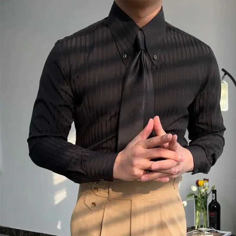 Business Square Collar Stripe Retro 2024 Autumn Mens Splicing Button Fashion Slimming Style Versatile Casual Long Sleeve Shirts M260305