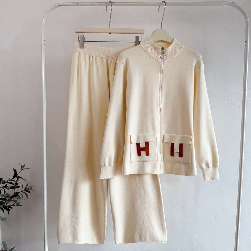 Women's Fashionable Knitted Zipper Cardigan Wide Leg Pants Pocket Two Piece Set Cross-Border New Style Versatile Ensemble Asia Size