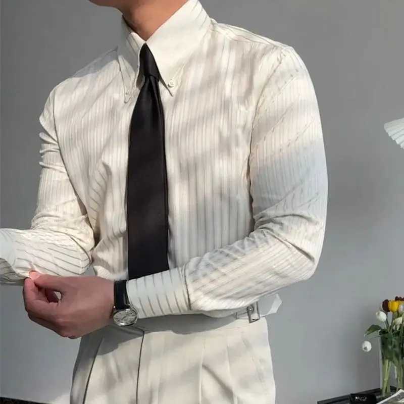 Business Square Collar Stripe Retro 2024 Autumn Mens Splicing Button Fashion Slimming Style Versatile Casual Long Sleeve Shirts M260305