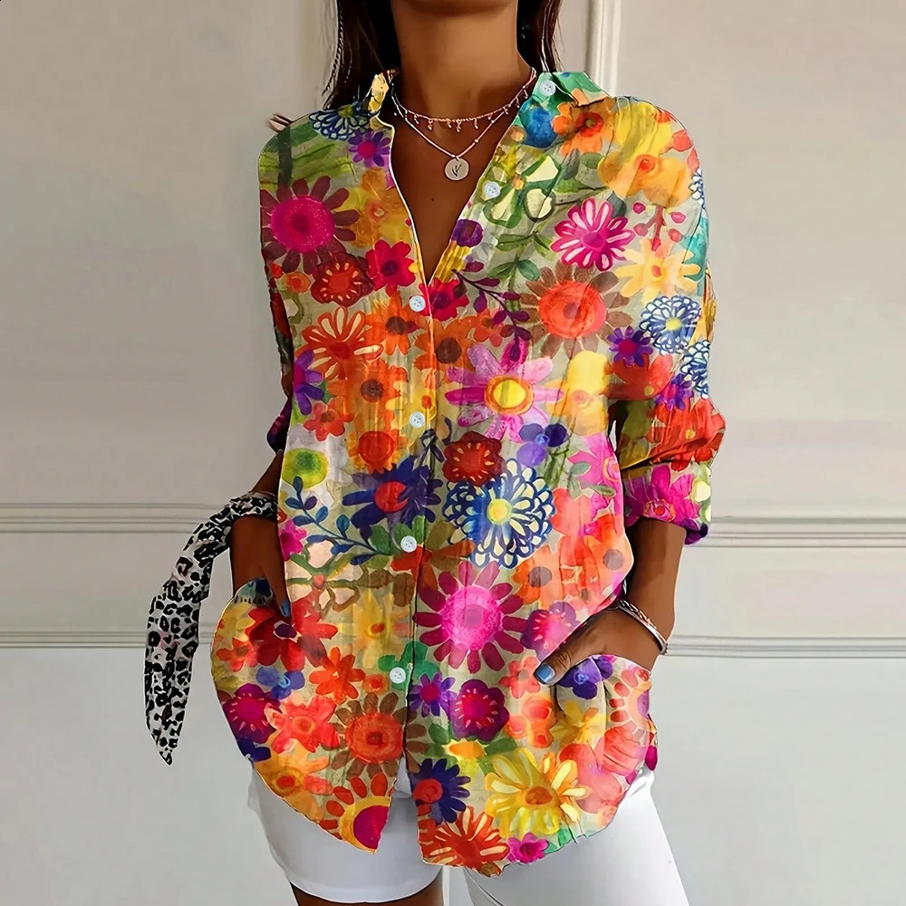 Plus Size Crushed Printed Button Casual Shirt Single Row Home Fashion Basic Versatile Tshirt 260228