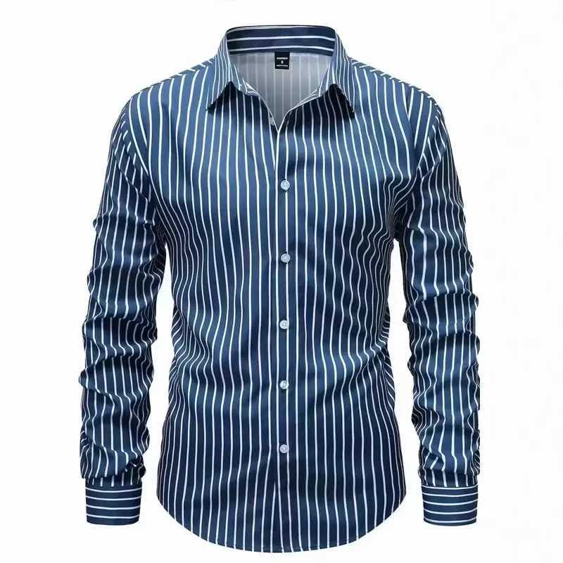 Spring Autumn Men Clothes Long Sleeve Stripe Shirt Men Business Casual Lapel Button Shirt Tops M260305