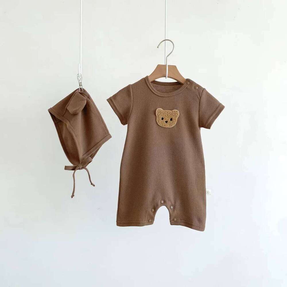 New In Summer Kids Baby Girls Boys Short Sleeve Waffle Patch Bear Infant Newborn Jumpsuits Cotton Romper Gift Hat with Ear Z260304