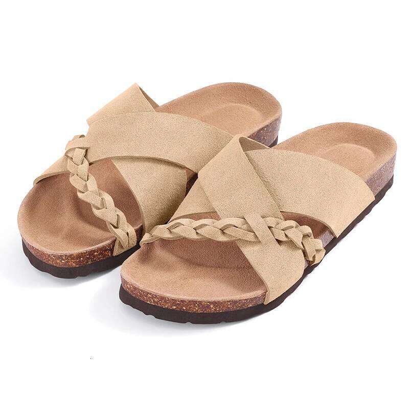 Kidmi New Women's Slides Soft Cork Footbed Comfortable Walking Slip-on Flat Sandals Arch Support Braided Straps Slippers