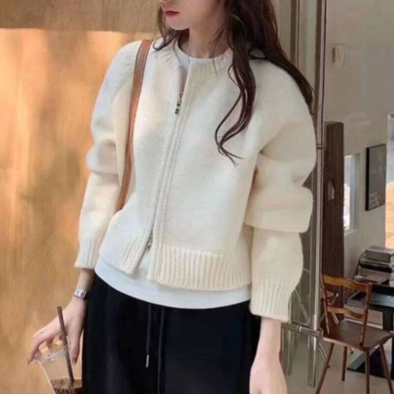 Autumn Winter Women's O Neck Zip-Up Knitted Cardigan, Long Sleeve Sweater, Korean Style Chic Casual Fashion XJ260305