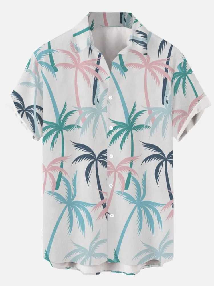 Hawaiian Mens Print Short Sleeve Shirt Beach Coconut Tree Fashion Lapel Top 2025 New for Men Floral Clothes M260305