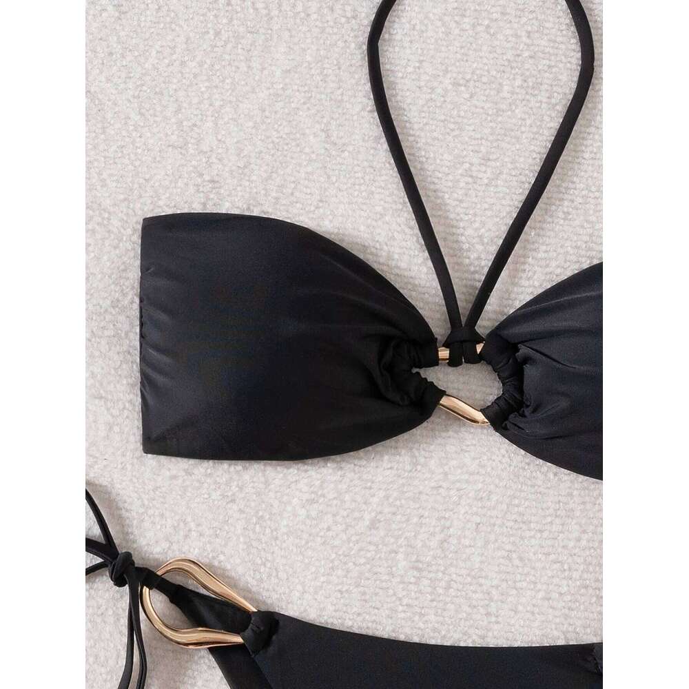 Sexy Bandeau Bikini 2025 Women Black Metal Buckle Push Up Bandage Thong Swimsuit Summer Bathing Suit Holiday Pool Swimwear Y260303