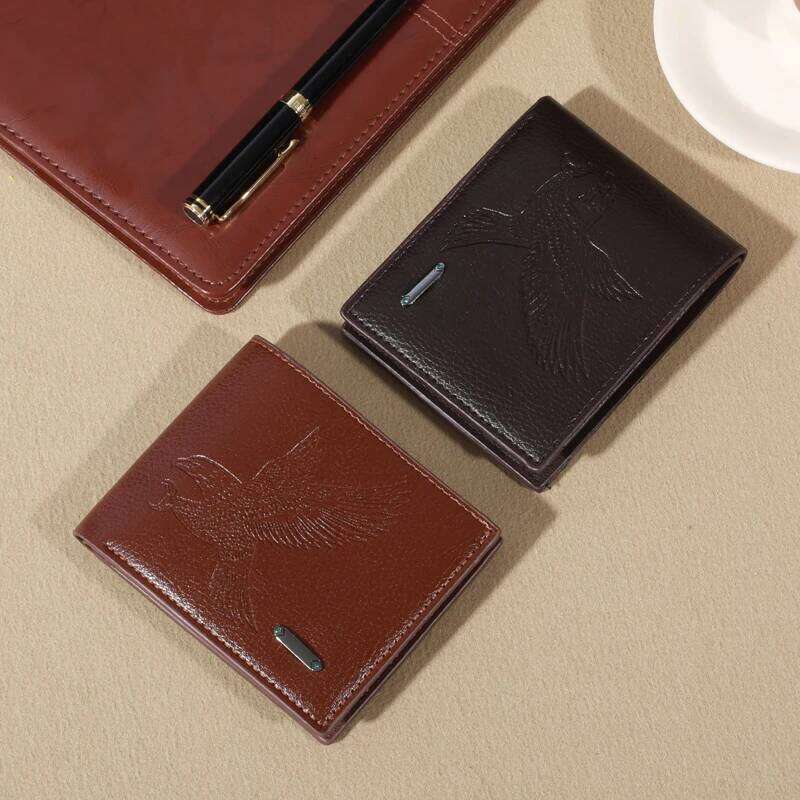 Eagle-Embossed Black PU Leather Men's Wallet: Waterproof Scratch-Resistant with Plaid Detail, Large Capacity & Multiple Card S C260304