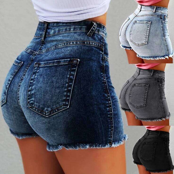 Women's Versatile Frayed Hem Denim Shorts High-Waisted Silhouette Slim Fit Fashionable Bottom XJ260305