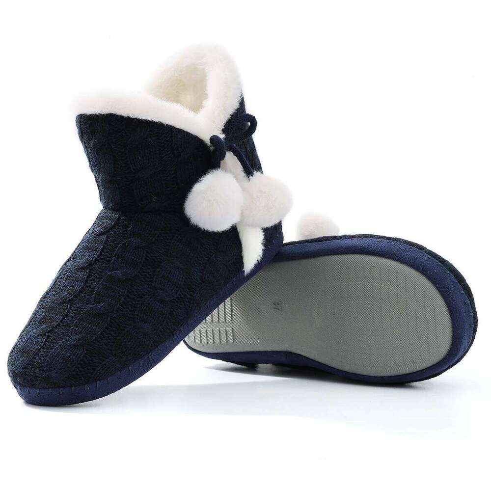 KIdmi Fuzzy Winter Women Knitted Ankle Slippers Warm House Cotton Shoes Outdoor Indoor Plush Lining Boots