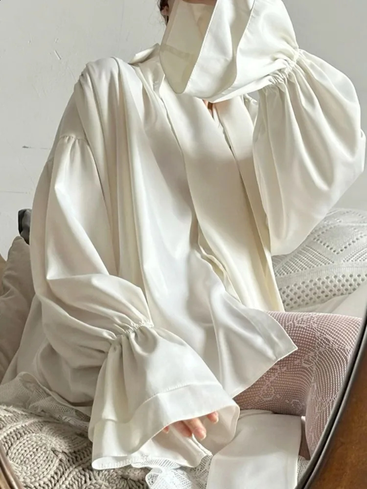 Bonboho Womens Elegant Blouse Solid White Buttoned Satin Shirts Lapel Collar Long Puff Sleeves Loose Fit Tshirt with Scarf 260228