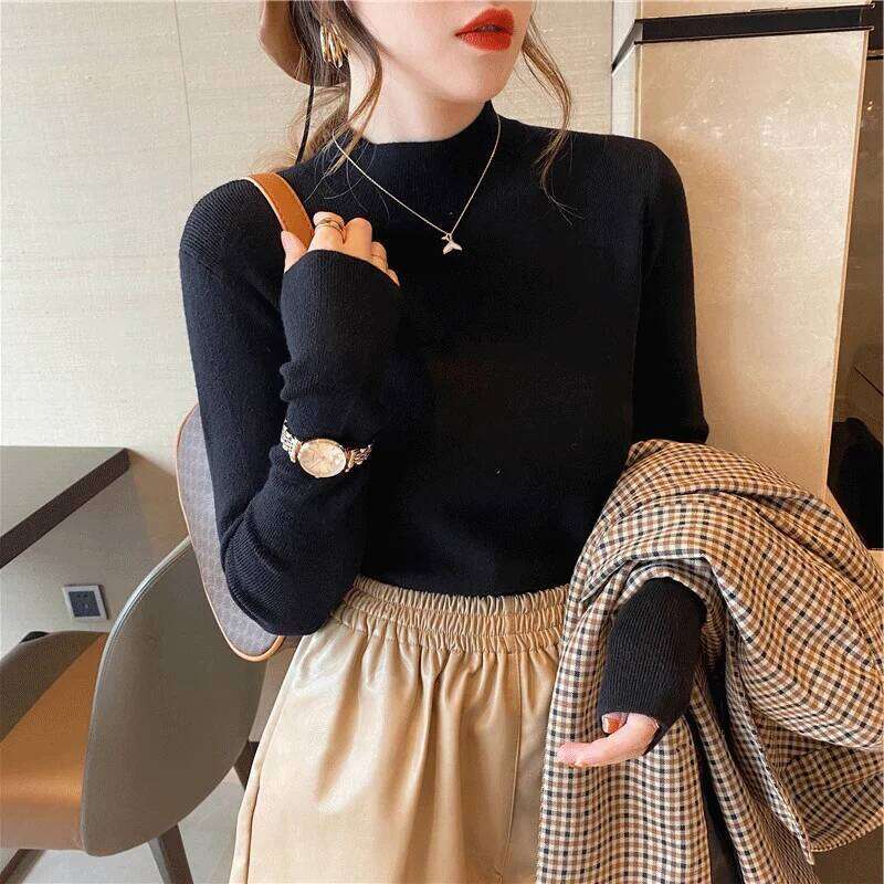 Autumn Winter Women Mock neck Sweaters Pullover Tops Knitwear Fashion Female Long Sleeve Skinny Elastic Casual Knitted Shirts XJ260305