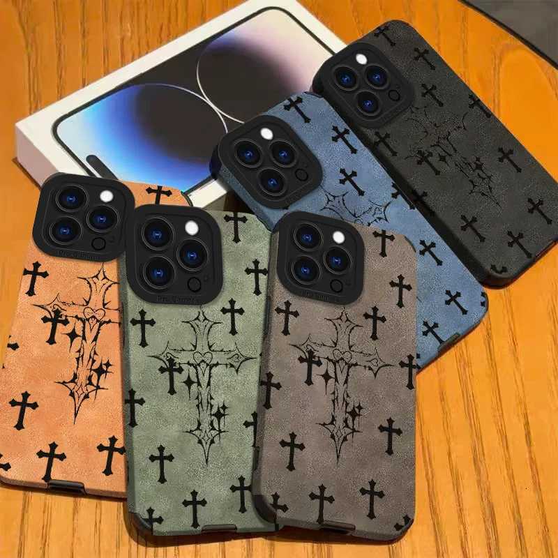 Black Cross Lambskin Leather Case For iPhone 17 Pro Max Air 16 16e 15 14 13 12 11 Pro Max Plus X XS MAX XR | Shockproof Protective CoverT260305
