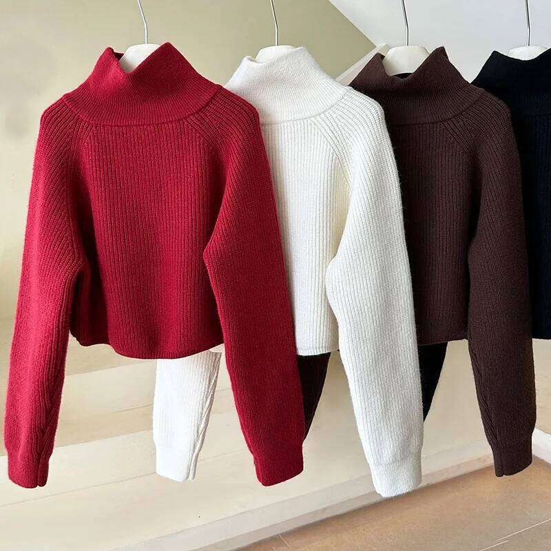 Quarter Zip Knit Sweater Cozy High Collar Long Sleeve Crop Jumper Pullover Women Teenage Girl Fall Winter XJ260305