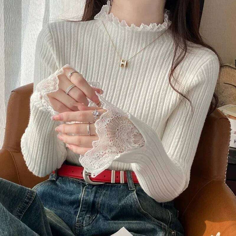 Spring Autumn Mock Neck Skinny Elastic Knitted Shirt Women Pullover Sweater Tops Female Long Sleeve Knit Patctwork Lace Shirts XJ260305